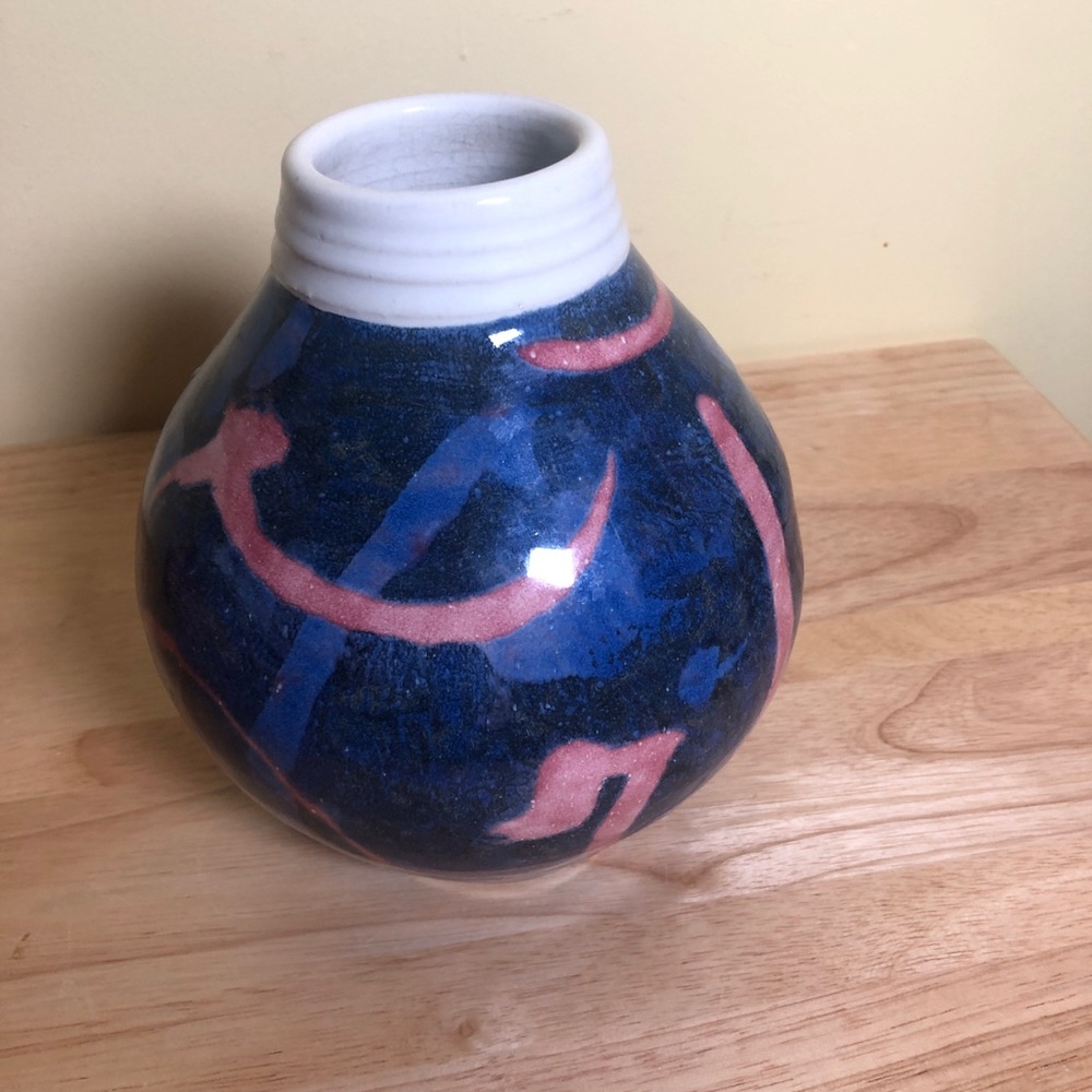 VTG 90s Art Pottery Vase Purple Blue Pink Swirl Handmade Artist Signed